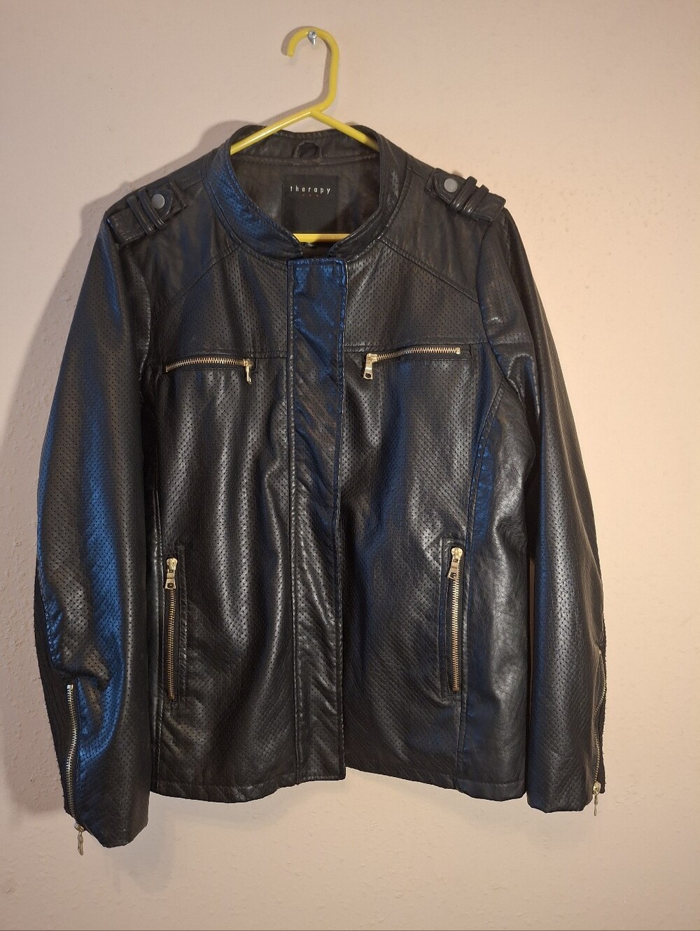 therapy Black Perforated Faux Leather Moto Jacket